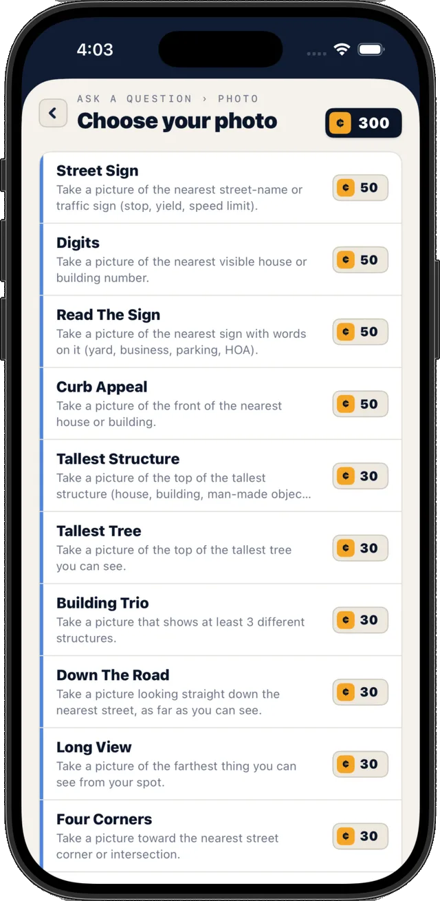 Phone screen titled Choose your photo, listing photo challenges a Seeker team can buy with coins: Street Sign at 50, Digits at 50, Curb Appeal at 50, Tallest Tree at 30, Long View at 30, with a coin balance of 300 in the corner.