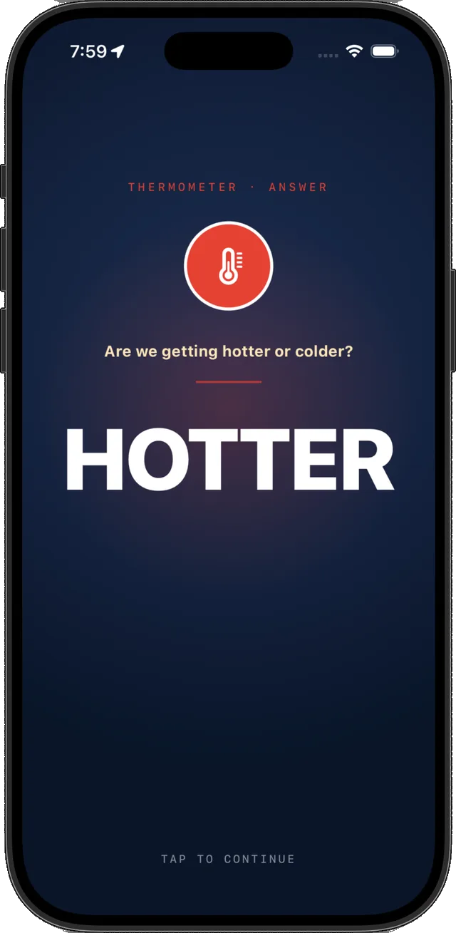 Phone screen showing a thermometer answer reveal. Under the question Are we getting hotter or colder, the word HOTTER fills the screen in large white type.